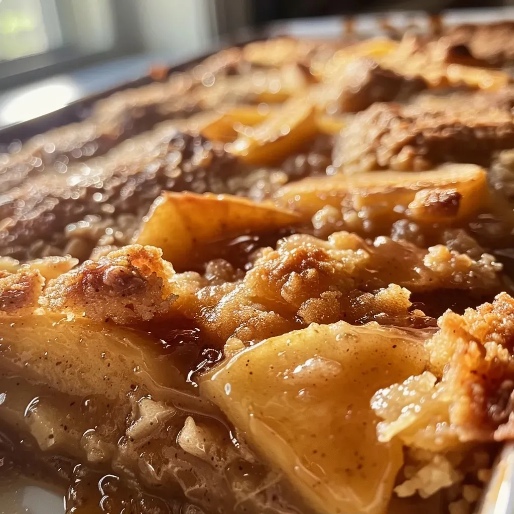 Close-up view of a golden-brown Amish apple cobbler topped with a sprinkle of cinnamon.