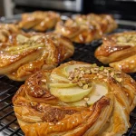 ['Close-up view of freshly baked Apple and Cardamom Cheese Danishes on a plate.', 'Side view of a golden brown Danish pastry filled with apple and cheese mixture.', 'Juicy Apple and Cardamom Cheese Danishes topped with chopped pistachios.', 'Delicious Apple Cheese Danishes showcasing the flaky puff pastry and fruit filling.']