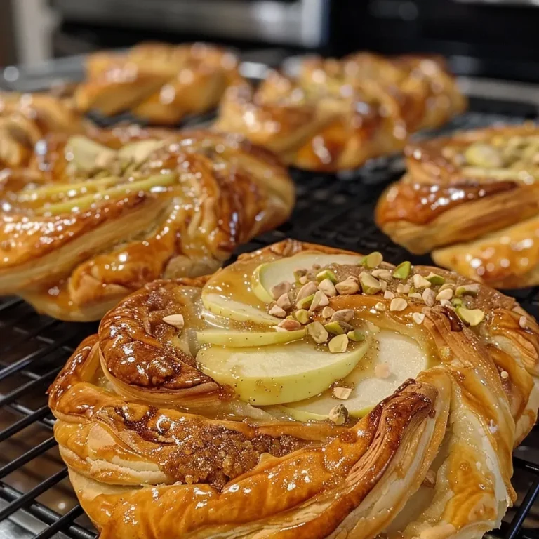 ['Close-up view of freshly baked Apple and Cardamom Cheese Danishes on a plate.', 'Side view of a golden brown Danish pastry filled with apple and cheese mixture.', 'Juicy Apple and Cardamom Cheese Danishes topped with chopped pistachios.', 'Delicious Apple Cheese Danishes showcasing the flaky puff pastry and fruit filling.']