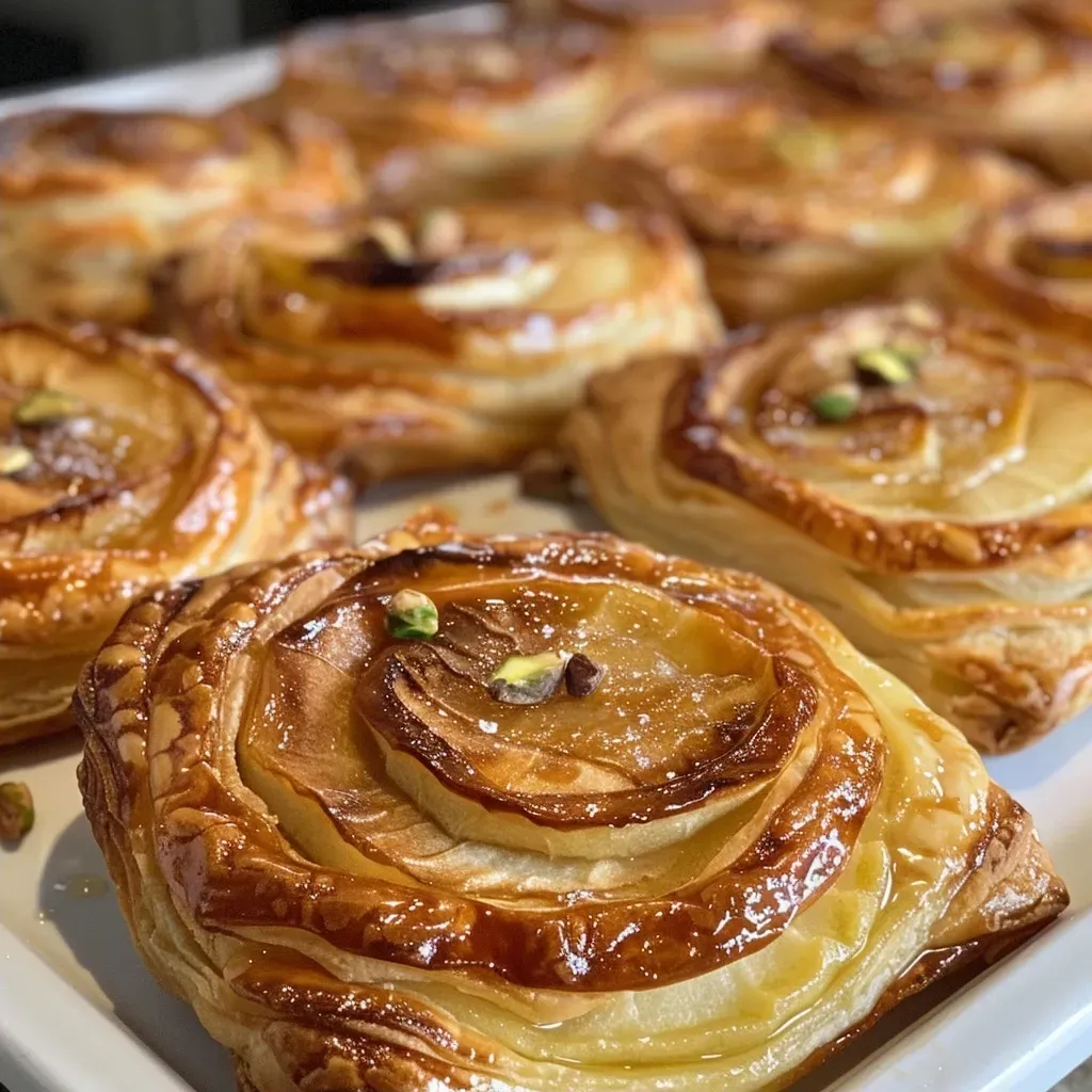 Close-up view of freshly baked Apple and Cardamom Cheese Danishes on a plate.
