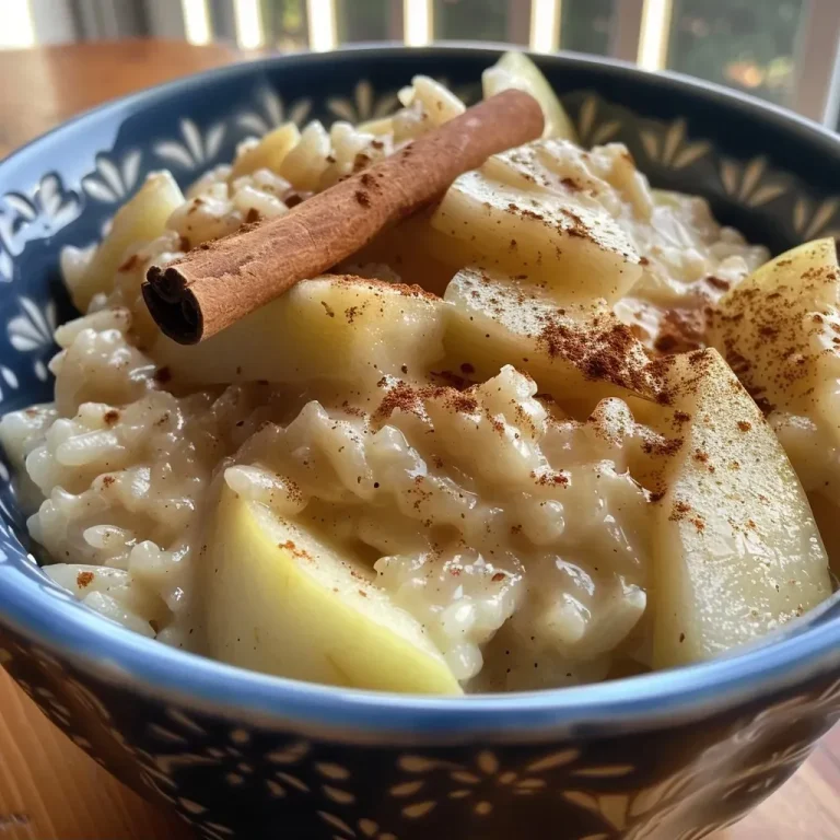 ['A close-up view of creamy rice pudding with apple slices and cinnamon.', 'Side angle of rice pudding topped with fresh apple chunks and a cinnamon stick.', 'Delicious apple and cinnamon rice pudding, showing texture and ingredients.', 'Creamy rice pudding featuring pink lady apples and a sprinkle of nutmeg.']