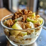 ['Close-up view of a layered Apple and Walnut Yogurt Parfait in a clear glass.', 'Side view of a parfait showcasing layers of yogurt, apple cubes, and walnuts.', 'Delicious Apple and Walnut Yogurt Parfait displayed with visible layers of ingredients.', 'Close-up of a yogurt parfait featuring green apples and chopped walnuts in a glass.']