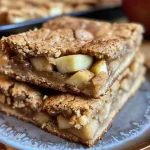 ['Close-up view of golden-brown apple blondies, with visible apple pieces.', 'Side view of freshly baked apple blondies on a wooden table.', 'Juicy apple blondies drizzled with caramel sauce, presented attractively.', 'A plate of apple blondies showcasing a soft, chewy texture and diced apples.']