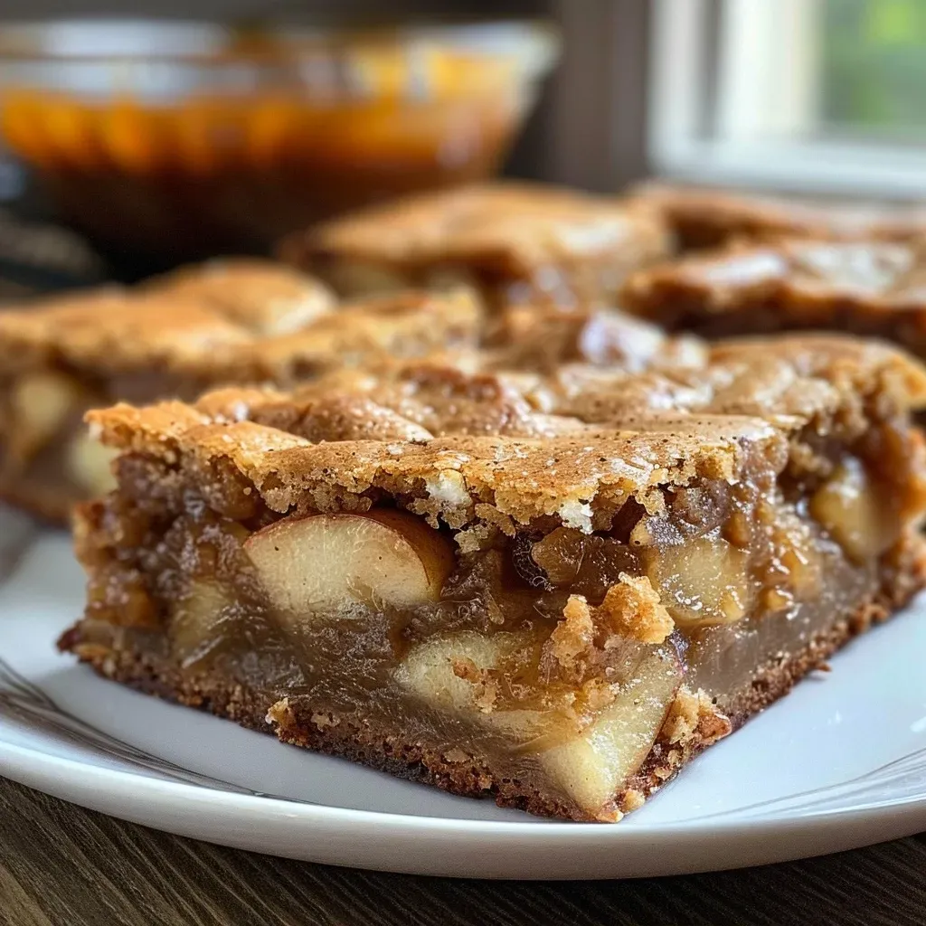 ['Close-up view of golden-brown apple blondies, with visible apple pieces.', 'Side view of freshly baked apple blondies on a wooden table.', 'Juicy apple blondies drizzled with caramel sauce, presented attractively.', 'A plate of apple blondies showcasing a soft, chewy texture and diced apples.']