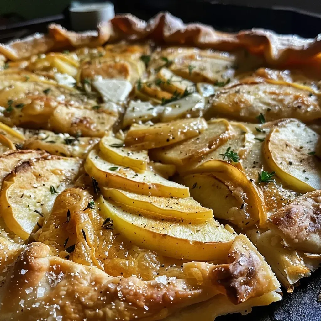 Close-up view of a freshly baked Apple Cheddar Galette with a golden-brown crust and visible apple slices.