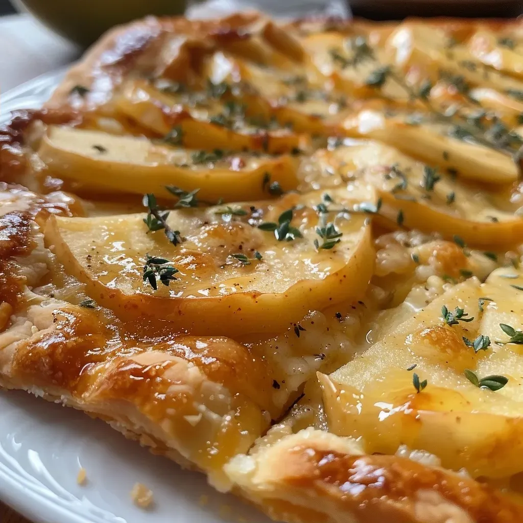 Close-up view of a freshly baked Apple Cheddar Galette with a golden-brown crust and visible apple slices.