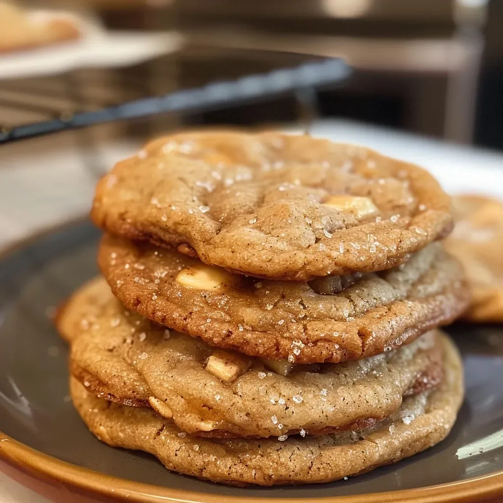 Close-up view of a stack of golden-brown apple cider cookies with a soft texture.