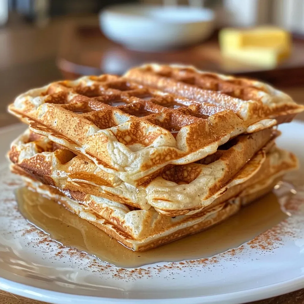 Close-up of golden-brown apple cider waffles drizzled with syrup.