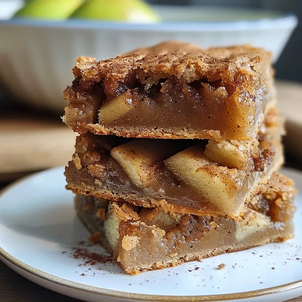 ['A close-up view of golden-brown Apple Cinnamon Blondies with diced apple chunks.', 'Side view of freshly baked Apple Cinnamon Blondies, showcasing their moist texture.', 'Juicy Apple Cinnamon Blondies arranged on a wooden surface, highlighting their softness.', 'A delectable slice of Apple Cinnamon Blondies with visible apple pieces and a crumbly top.']