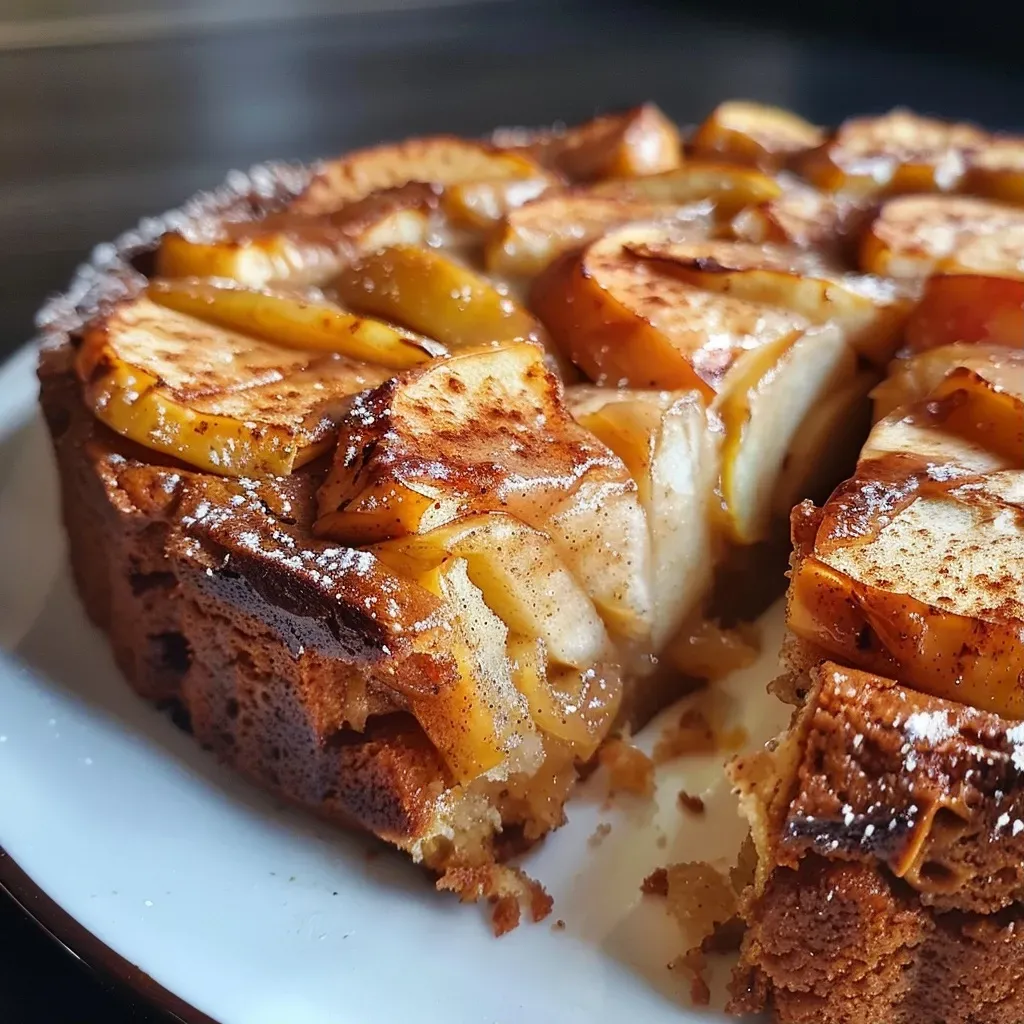 ['A close-up side view of a moist Apple Cinnamon Cake adorned with diced apples.', 'Juicy Apple Cinnamon Cake displayed with a golden-brown crust and cinnamon dusting.', 'A detailed side view of a slice of Apple Cinnamon Cake, showcasing apple chunks and a rich texture.', 'Close-up of a slice of Apple Cinnamon Cake highlighting its fluffy interior and cinnamon flavor.']