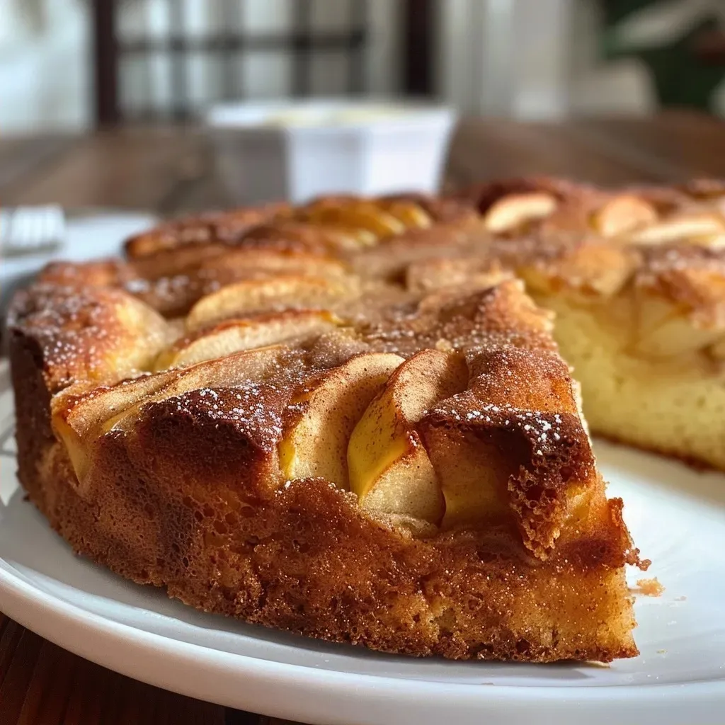 ['A close-up side view of a moist Apple Cinnamon Cake adorned with diced apples.', 'Juicy Apple Cinnamon Cake displayed with a golden-brown crust and cinnamon dusting.', 'A detailed side view of a slice of Apple Cinnamon Cake, showcasing apple chunks and a rich texture.', 'Close-up of a slice of Apple Cinnamon Cake highlighting its fluffy interior and cinnamon flavor.']
