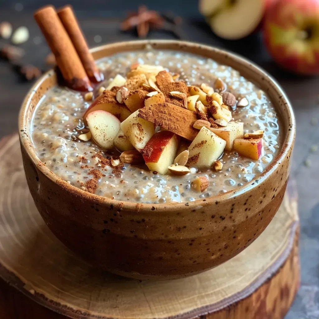 Close-up view of a creamy apple cinnamon chia pudding with apple slices on top.
