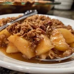 ['Close-up of a warm Maple Pecan Apple Crisp with golden oatmeal cookie crumble topping.', 'Side view of a delicious Apple Crisp highlighting juicy apple slices and crunchy pecan topping.', 'Detailed shot showing the texture of a Maple Pecan Apple Crisp filled with cinnamon-spiced apples.', 'Close-up image of freshly baked Apple Crisp with a golden brown oat topping and pecans.']