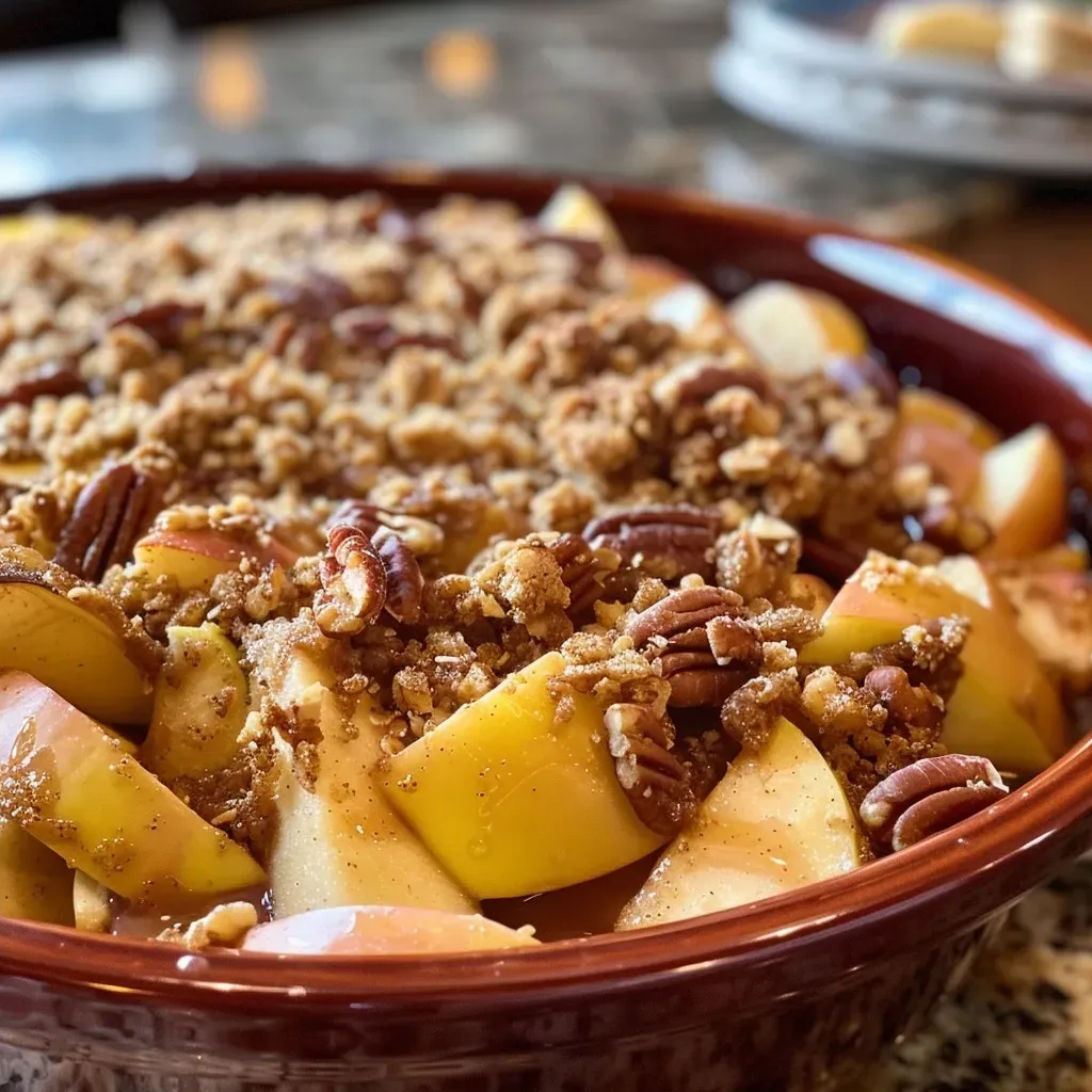 ['Close-up of a warm Maple Pecan Apple Crisp with golden oatmeal cookie crumble topping.', 'Side view of a delicious Apple Crisp highlighting juicy apple slices and crunchy pecan topping.', 'Detailed shot showing the texture of a Maple Pecan Apple Crisp filled with cinnamon-spiced apples.', 'Close-up image of freshly baked Apple Crisp with a golden brown oat topping and pecans.']