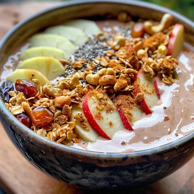 ['Close-up of a colorful Apple Crisp Smoothie Bowl topped with sliced apples and granola.', 'Side view of a smoothie bowl featuring ingredients like chopped apples and cashews, garnished with granola.', 'Delicious Apple Crisp Smoothie Bowl presented with fresh apple slices and a drizzle of maple syrup.', 'A vibrant smoothie bowl showcasing a blend of Greek yogurt, apples, and spices, topped with crunchy granola.']