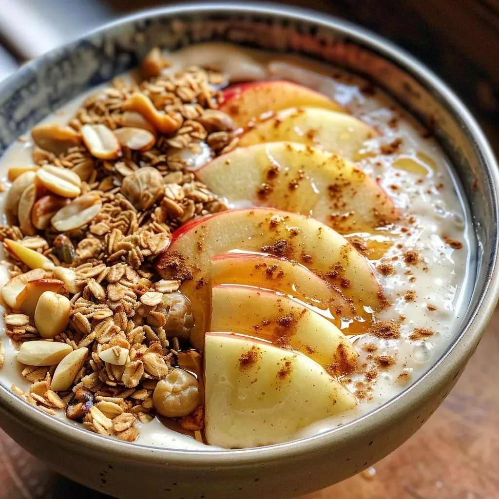 Close-up of a colorful Apple Crisp Smoothie Bowl topped with sliced apples and granola.