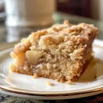 ['A close-up side view of a moist apple crumb cake with a golden-brown crumb topping.', 'Juicy slices of apple crumb cake showcasing the soft interior and crumbly top.', 'A freshly baked apple crumb cake, highlighting layers of apples and a buttery crumb crust.', 'Side view of a decadent apple crumb cake with visible apple slices and scattered crumbs.']