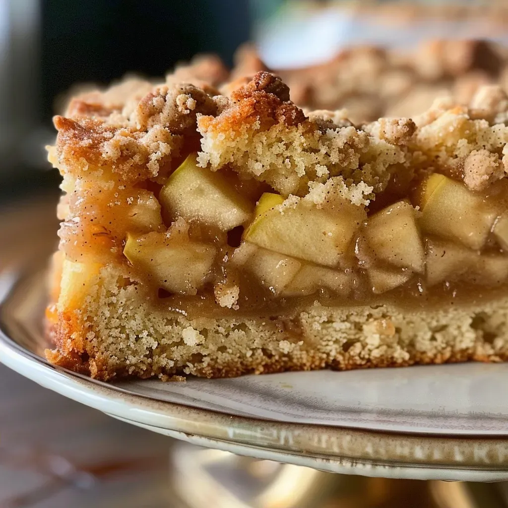 A close-up side view of a moist apple crumb cake with a golden-brown crumb topping.