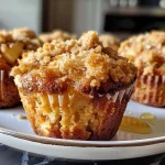 ['Close-up view of golden brown Apple Crumb Muffins with a crumbly topping.', 'Side view of freshly baked Apple Crumb Muffins showcasing a textured crumb topping.', 'Juicy Apple Crumb Muffins in a rustic setting, highlighting their delicious topping.', 'Delicious Apple Crumb Muffins with visible apple pieces and a crunchy crumble on top.']