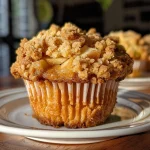 ['Close-up of a golden brown apple crumble muffin, showing the crispy top and juicy apple pieces.', 'Side view of a freshly baked apple crumble muffin with a crumbly topping and visible apple chunks.', 'Detailed view of an apple crumble muffin displaying its textured crust and soft inner texture.', 'A warm apple crumble muffin highlighting its flaky topping and moist apple filling.']