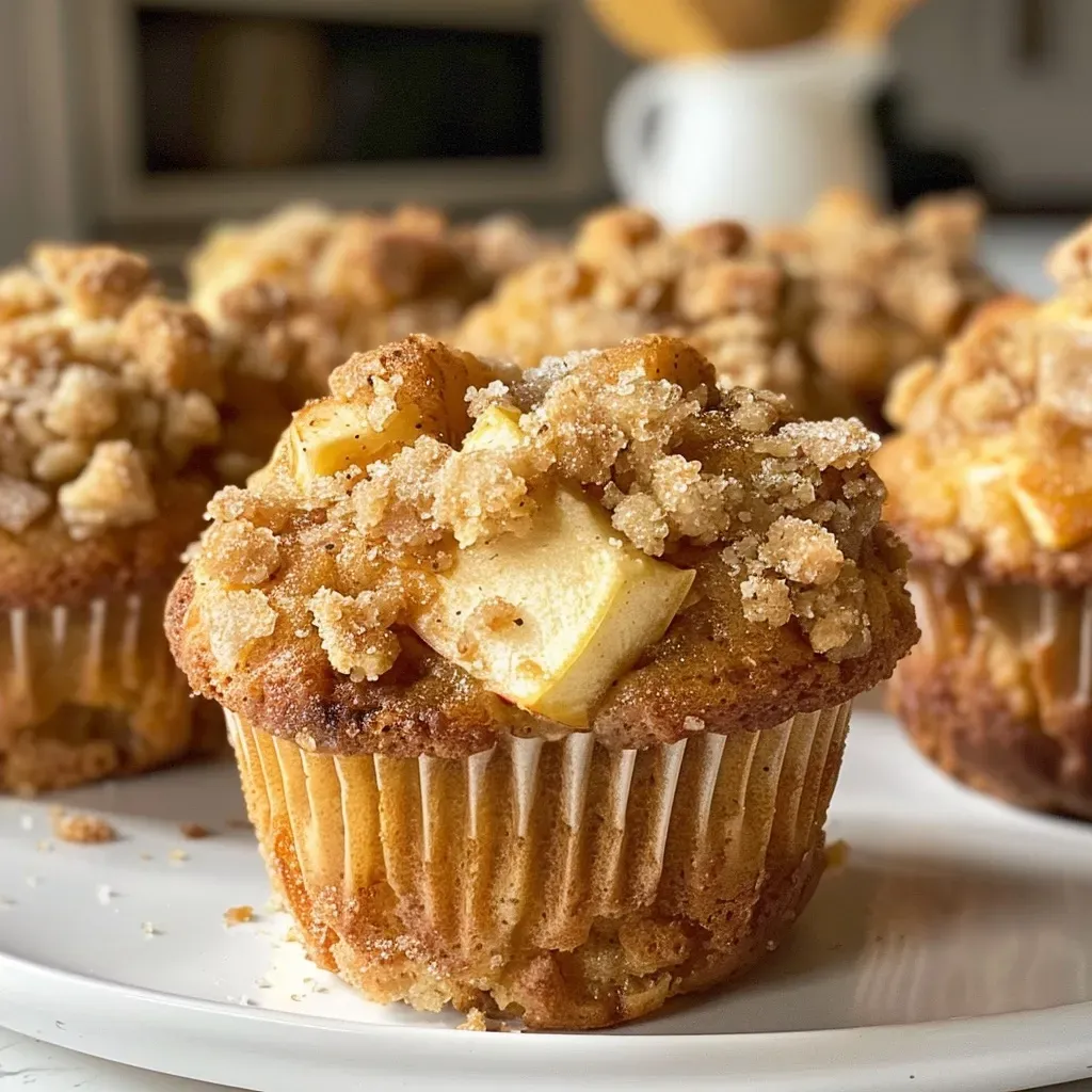 ['Close-up of a golden brown apple crumble muffin, showing the crispy top and juicy apple pieces.', 'Side view of a freshly baked apple crumble muffin with a crumbly topping and visible apple chunks.', 'Detailed view of an apple crumble muffin displaying its textured crust and soft inner texture.', 'A warm apple crumble muffin highlighting its flaky topping and moist apple filling.']