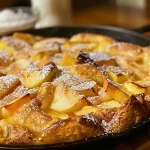 ['Close-up of a golden-brown Apple Dutch Baby topped with powdered sugar and sliced apples.', 'Side view of a fluffy Apple Dutch Baby with caramelized apples, sitting on a white plate.', 'Juicy Apple Dutch Baby with a crispy edge, garnished with powdered sugar and cinnamon.', 'Delicious slice of Apple Dutch Baby featuring tender apple slices and a dusting of sugar.']