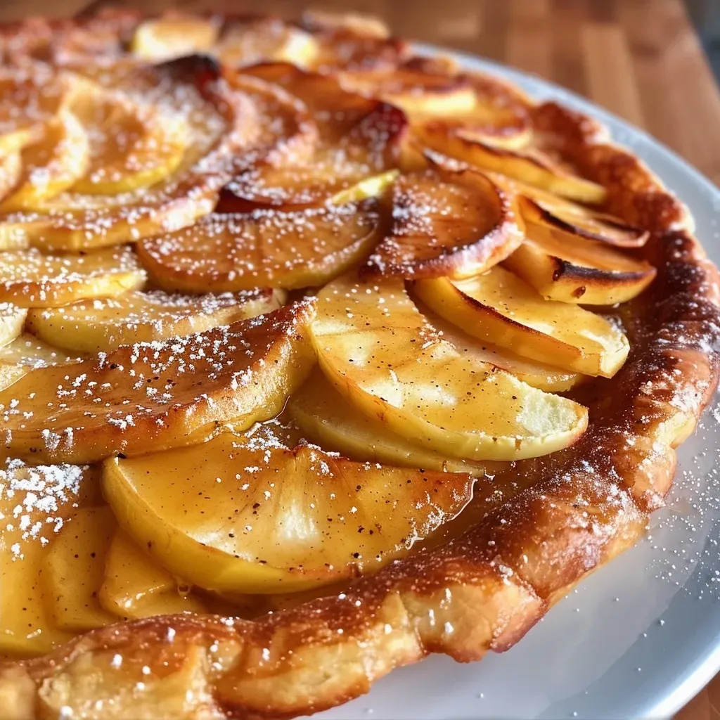 Close-up of a golden-brown Apple Dutch Baby topped with powdered sugar and sliced apples.