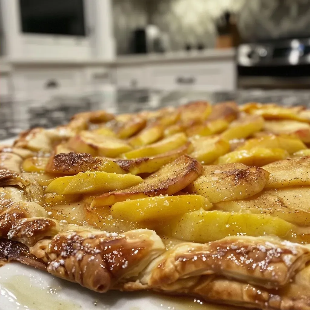['A close-up side view of a golden-brown apple galette, showcasing glistening apple slices.', 'A freshly baked apple galette on a rustic surface, highlighting its flaky crust and caramelized apple filling.', 'An iPhone 15 Pro photo of an apple galette, capturing the juicy apples and textured crust in detail.', 'A beautifully presented apple galette with a crispy crust and thinly sliced apples, ready to be served.']