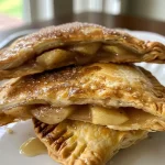 ['Close-up view of golden-brown apple hand pies with a crispy crust, placed on a rustic wooden table.', 'Side view of freshly baked apple hand pies, showcasing their flaky crust and delicious apple filling.', 'Juicy apple hand pies arranged elegantly, highlighting the texture of the crust and steam rising from the filling.', 'A warm apple hand pie cut open to reveal soft, spiced apple chunks inside, garnished with a dusting of sugar.']
