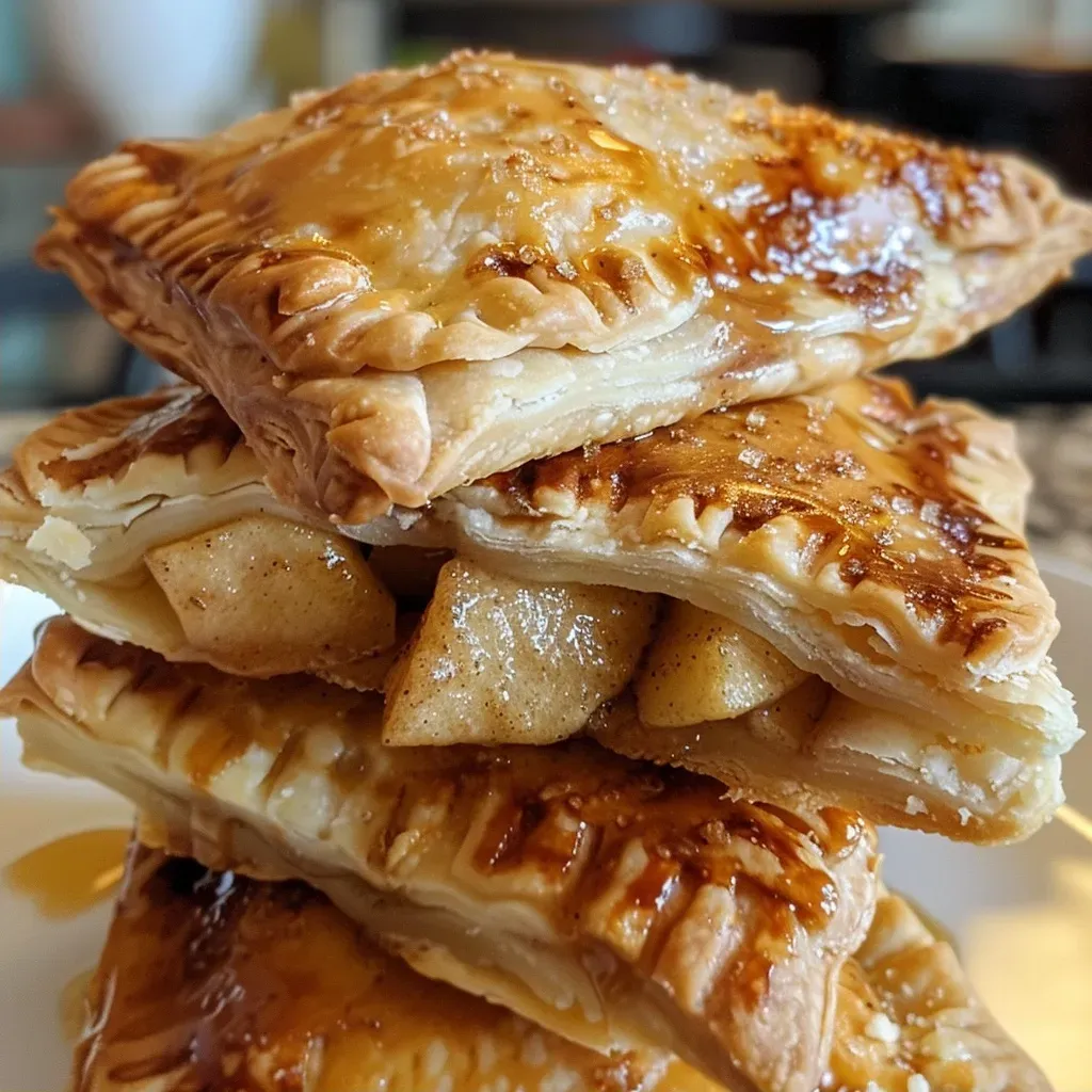 Close-up of golden brown apple hand pies with flaky crust.