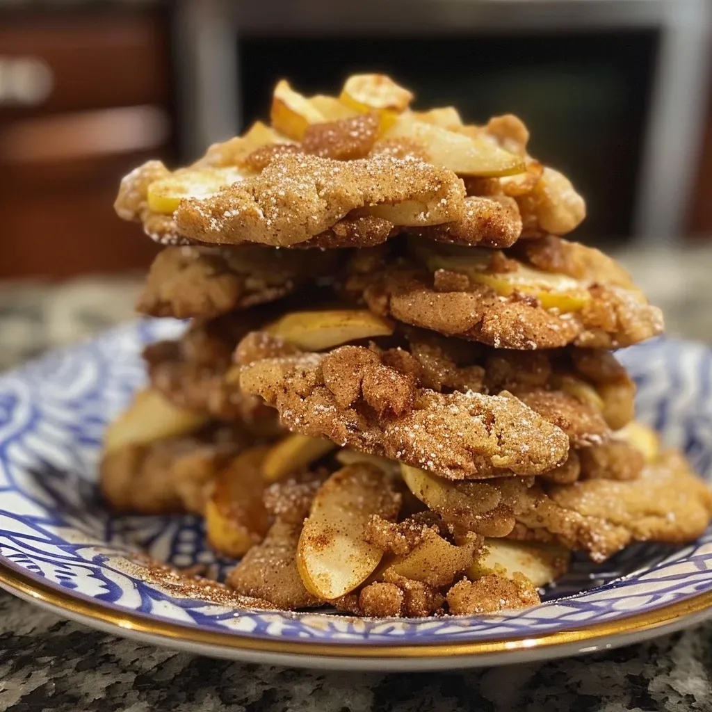Close-up view of soft and chewy apple pie cookies with a golden-brown exterior.