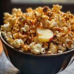 ['Close-up of Apple Pie Popcorn topped with maple candied walnuts.', 'Side view of popcorn drizzled with maple syrup and mixed with walnuts.', 'Detailed shot of a bowl of Apple Pie Popcorn with walnut pieces.', 'Delicious Apple Pie Popcorn with a shiny maple glaze and chunks of apple.']