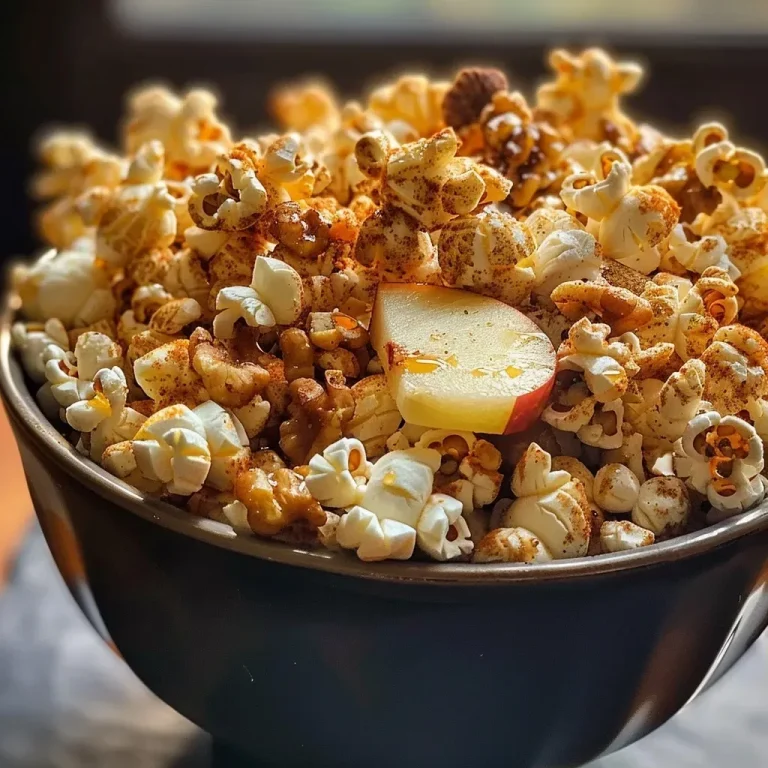 ['Close-up of Apple Pie Popcorn topped with maple candied walnuts.', 'Side view of popcorn drizzled with maple syrup and mixed with walnuts.', 'Detailed shot of a bowl of Apple Pie Popcorn with walnut pieces.', 'Delicious Apple Pie Popcorn with a shiny maple glaze and chunks of apple.']