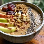['Close-up of a vibrant Apple Pie Smoothie Bowl garnished with apple slices and granola.', 'Side view of a creamy Apple Pie Smoothie Bowl topped with crushed walnuts and caramel drizzle.', 'Delicious Apple Pie Smoothie Bowl filled with oats and nuts, featuring fresh apple slices on top.', 'Inviting Apple Pie Smoothie Bowl showcasing smooth texture and colorful toppings, including granola.']