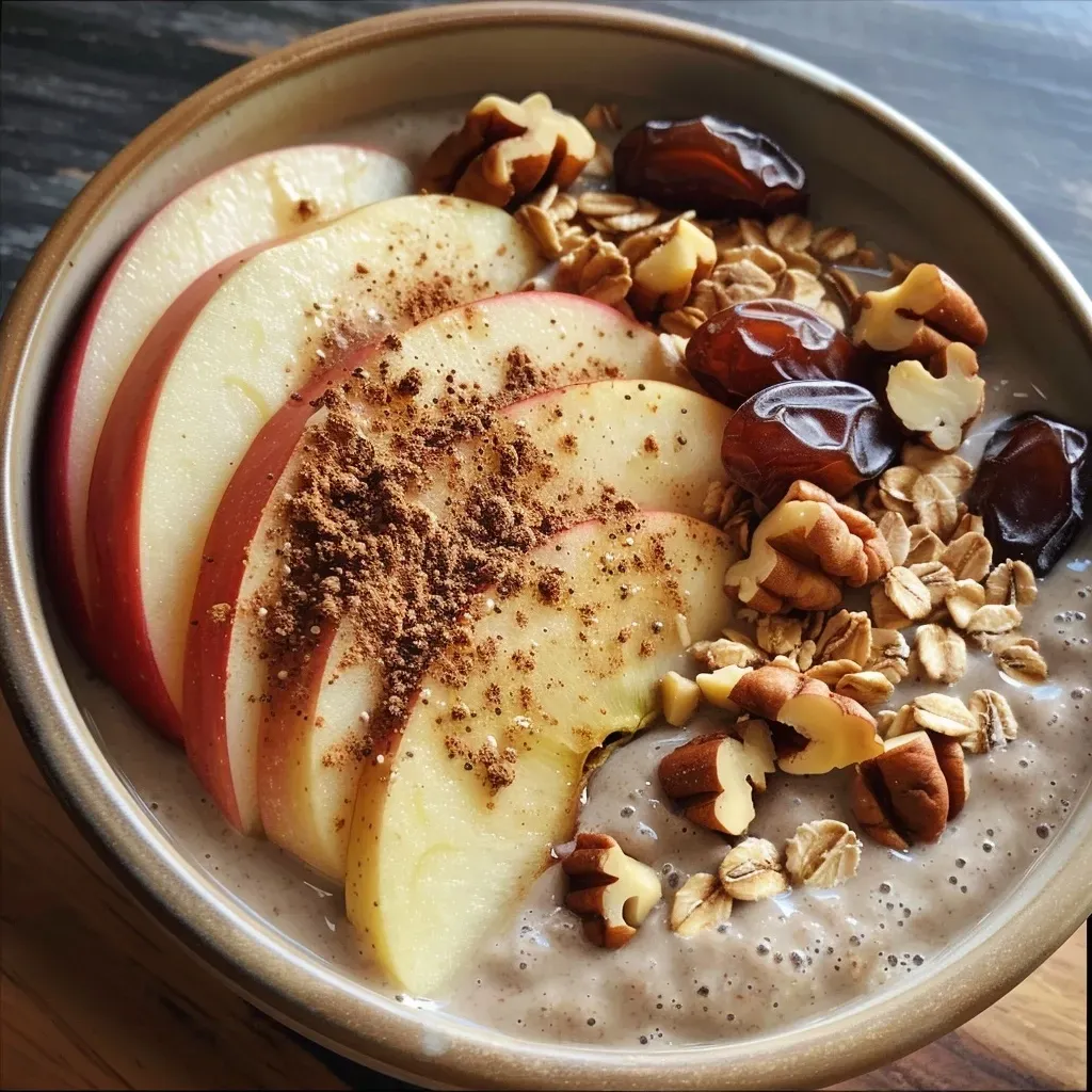 Close-up of a vibrant Apple Pie Smoothie Bowl garnished with apple slices and granola.