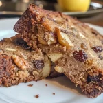 ['Close-up view of a slice of Apple Raisin Walnut Bread, showcasing its moist texture and visible ingredients.', 'Side angle of Apple Raisin Walnut Bread highlighting the pieces of apple and nuts embedded in the bread.', 'Detailed image of Apple Raisin Walnut Bread, revealing its golden-brown crust and rich, inviting interior.', 'Slice of Apple Raisin Walnut Bread on a wooden surface, displaying juicy raisins and walnuts throughout.']