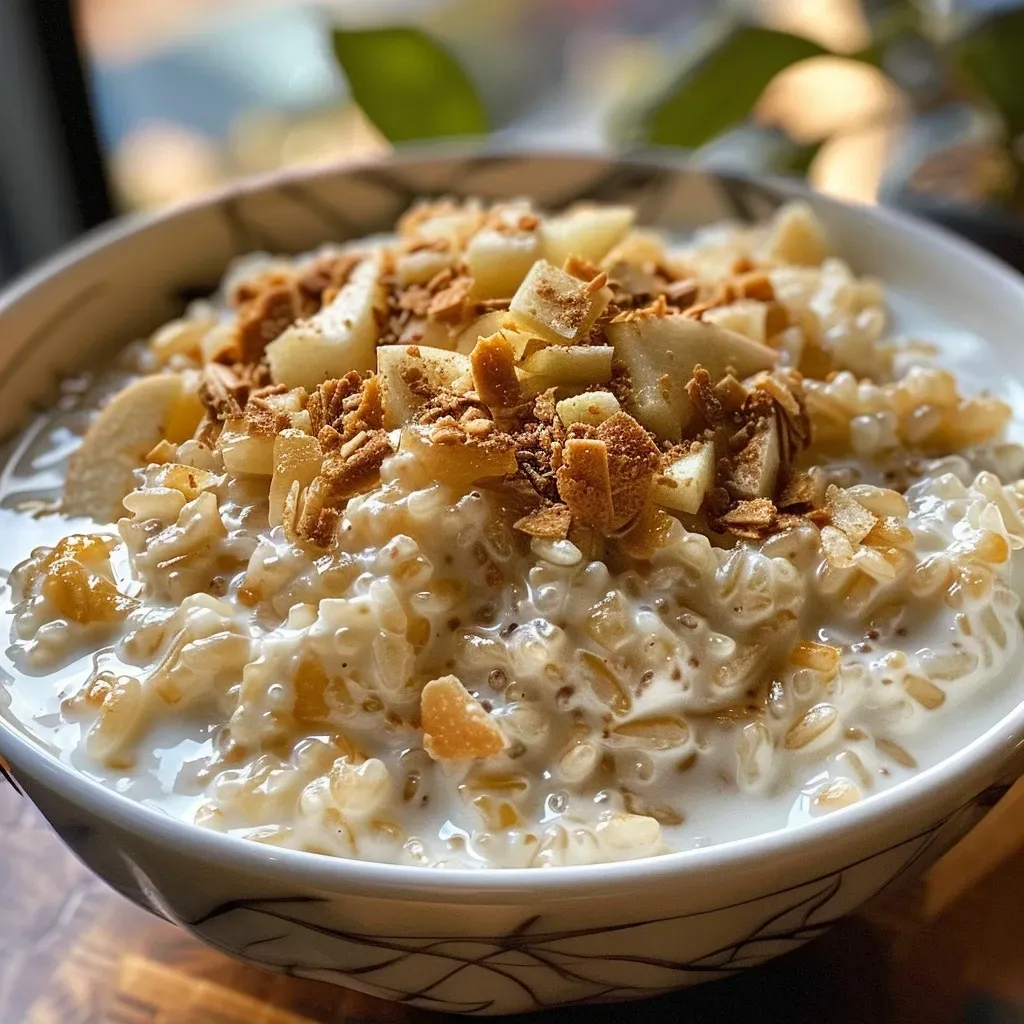 Close-up of a creamy apple rice pudding with apple slices and a sprinkle of cinnamon.