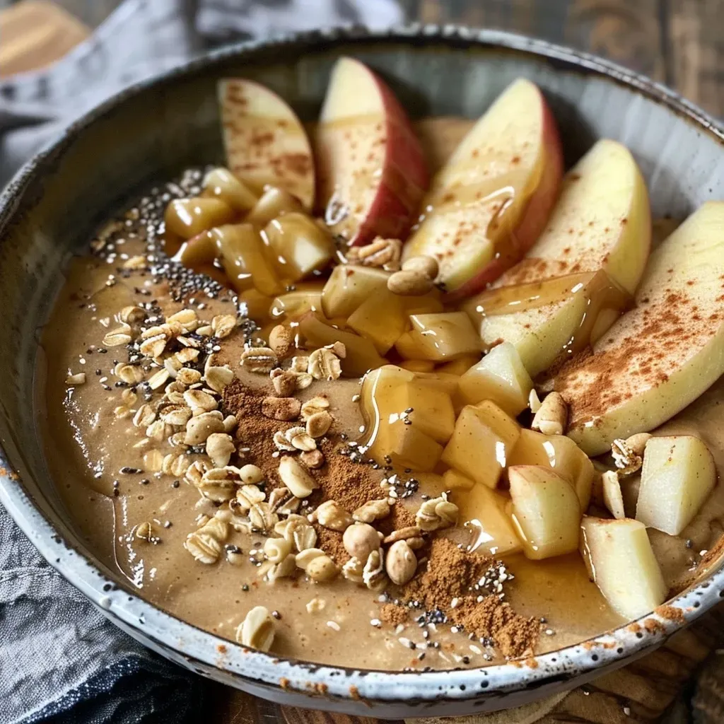 A close-up of a colorful apple smoothie bowl topped with fruits and nuts.