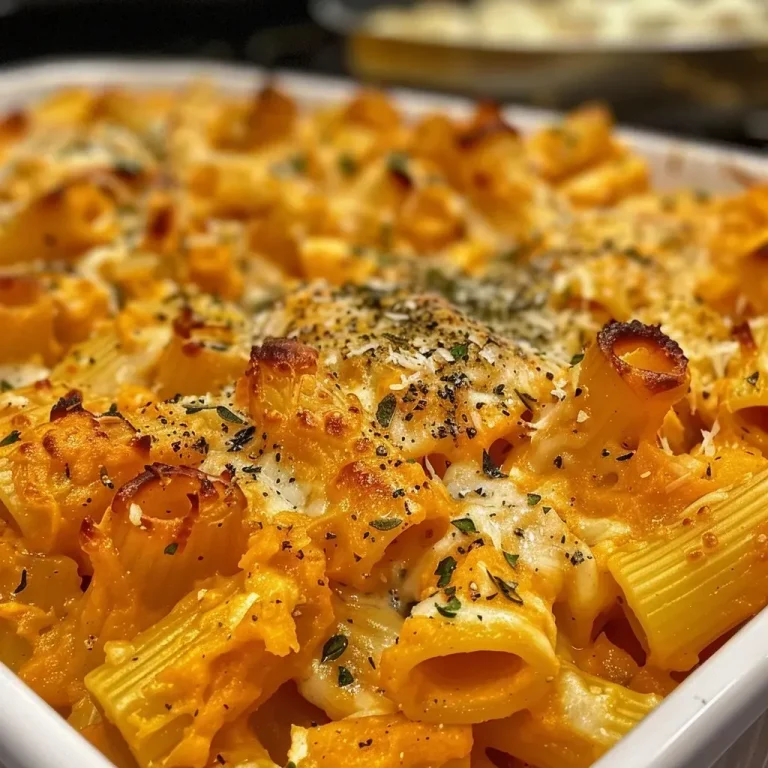['A close-up view of baked butternut squash pasta, showcasing creamy sauce and pasta shapes.', 'A side view of a serving of baked butternut squash pasta, with melted cheese and herbs visible.', 'Juicy baked butternut squash pasta in a dish, highlighting chunks of butternut squash and pasta.', 'A delicious close-up of baked butternut squash pasta topped with cheese and sage leaves.']