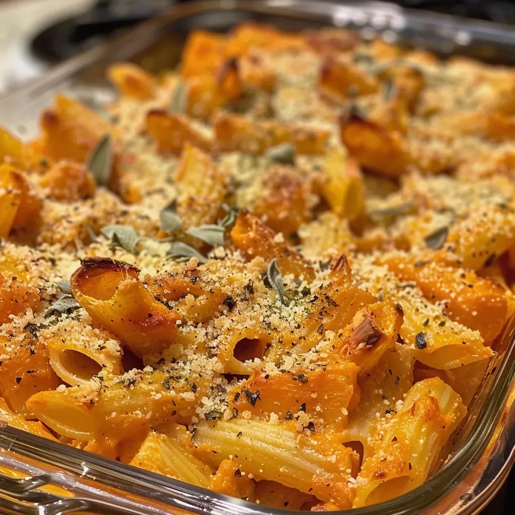 A close-up view of baked butternut squash pasta, showcasing creamy sauce and pasta shapes.