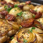 ['Close-up view of a delicious dish featuring baked caramelized onions and chicken.', 'Juicy baked chicken thighs topped with golden caramelized onions and chopped parsley.', 'Side view photo highlighting succulent chicken strips and rich, caramelized onions.', 'Sliced yellow onions and chicken thighs baked together in a creamy sauce.']