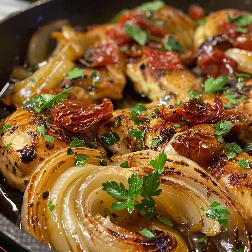 ['Close-up view of a delicious dish featuring baked caramelized onions and chicken.', 'Juicy baked chicken thighs topped with golden caramelized onions and chopped parsley.', 'Side view photo highlighting succulent chicken strips and rich, caramelized onions.', 'Sliced yellow onions and chicken thighs baked together in a creamy sauce.']