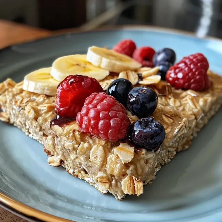 ['Close-up of baked protein oats topped with banana slices and mixed berries.', 'Side view of a dish filled with baked protein oats, showing a layer of nuts and fruits.', 'Baked protein oats in a pan, with a glimpse of vanilla protein powder and honey.', 'Juicy baked protein oats garnished with sliced bananas and colorful berries.']