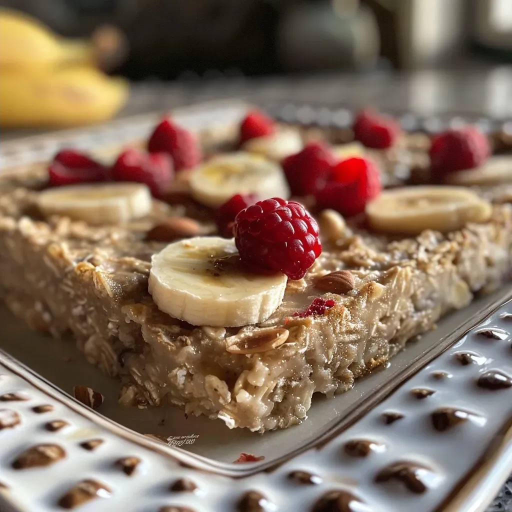 ['Close-up of baked protein oats topped with banana slices and mixed berries.', 'Side view of a dish filled with baked protein oats, showing a layer of nuts and fruits.', 'Baked protein oats in a pan, with a glimpse of vanilla protein powder and honey.', 'Juicy baked protein oats garnished with sliced bananas and colorful berries.']