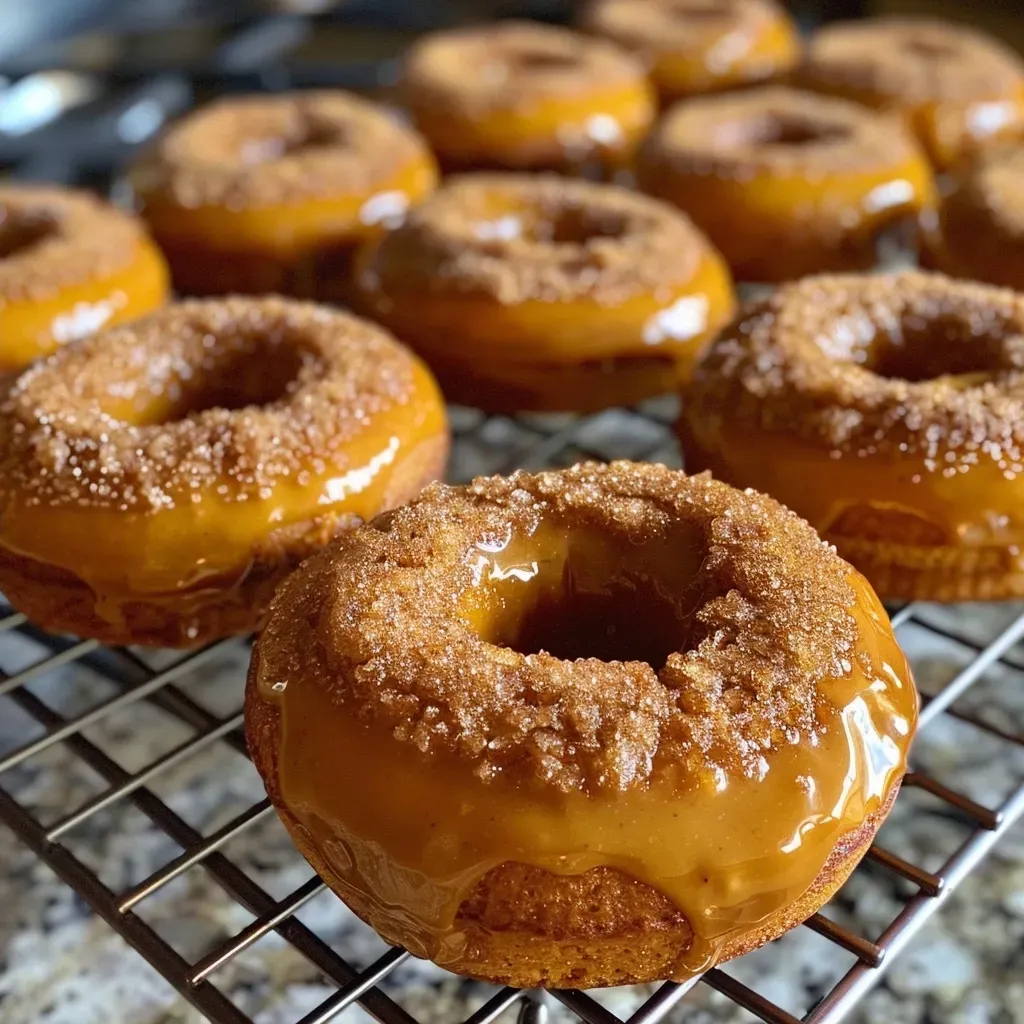['Close-up view of a freshly baked pumpkin donut with a glazed surface.', 'Side view of a delicious orange pumpkin donut topped with icing.', 'Juicy pumpkin donut showcasing its soft texture and cinnamon glaze.', 'A warm baked pumpkin donut displaying a sprinkle of powdered sugar.']
