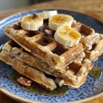 ['A side view of golden-brown banana oat waffles stacked on a plate, with chocolate chips and chopped nuts visible.', 'Close-up shot of fluffy banana oat waffles topped with melted chocolate chips and pecans, served on a rustic wooden table.', 'Detailed view of banana oat waffles, showcasing their texture and toppings of chocolate chips and walnuts.', 'A plated stack of warm banana oat waffles with a drizzle of syrup and scattered nuts, captured from a side angle.']