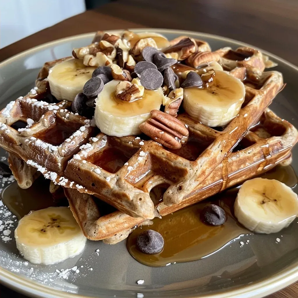 A side view of golden-brown banana oat waffles stacked on a plate, with chocolate chips and chopped nuts visible.