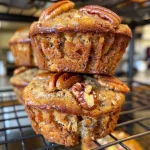 ['Close-up of Banana Pecan Muffins showcasing a golden-brown top with chopped pecans.', 'Side view of moist Banana Pecan Muffins with a texture featuring visible banana and nuts.', 'Juicy Banana Pecan Muffins arranged on a plate, highlighting their soft and fluffy texture.', 'Deliciously baked Banana Pecan Muffins with a glistening surface and scattered pecans.']