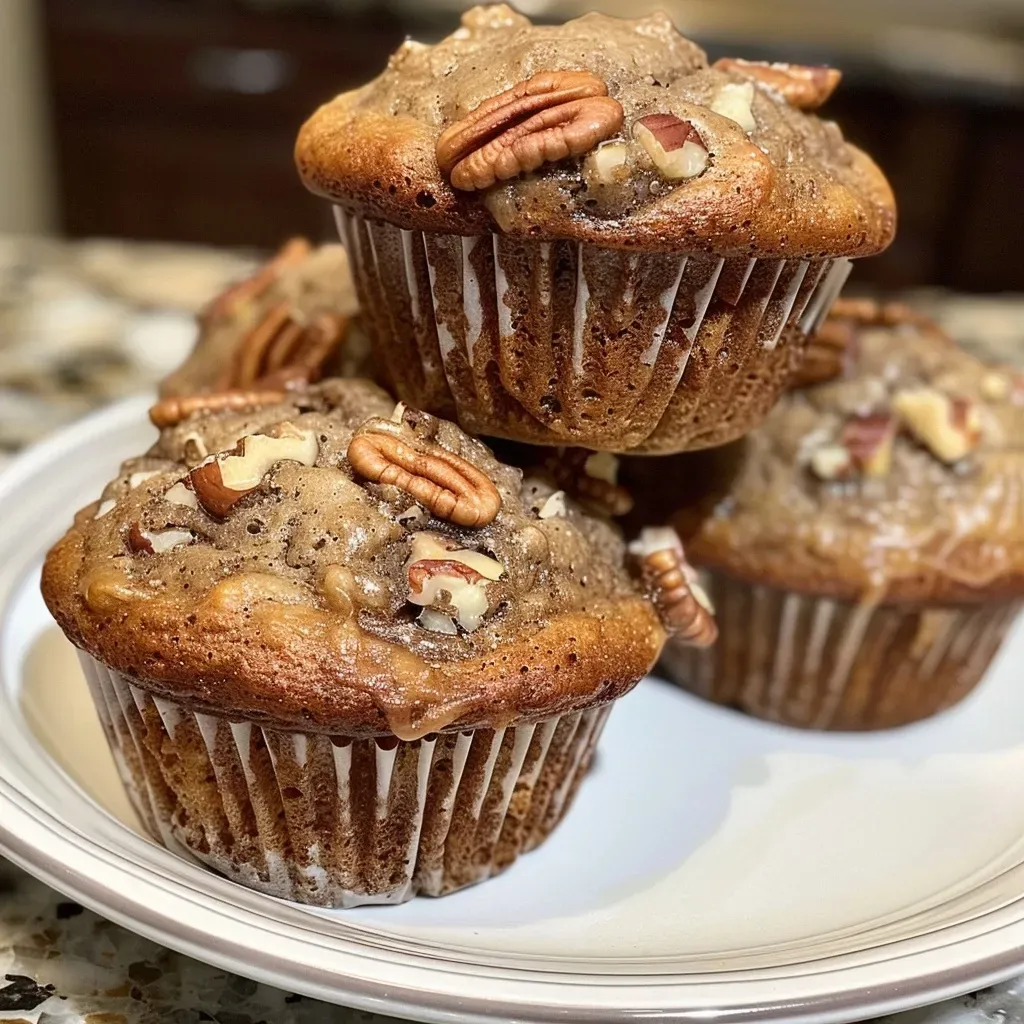 ['Close-up of Banana Pecan Muffins showcasing a golden-brown top with chopped pecans.', 'Side view of moist Banana Pecan Muffins with a texture featuring visible banana and nuts.', 'Juicy Banana Pecan Muffins arranged on a plate, highlighting their soft and fluffy texture.', 'Deliciously baked Banana Pecan Muffins with a glistening surface and scattered pecans.']