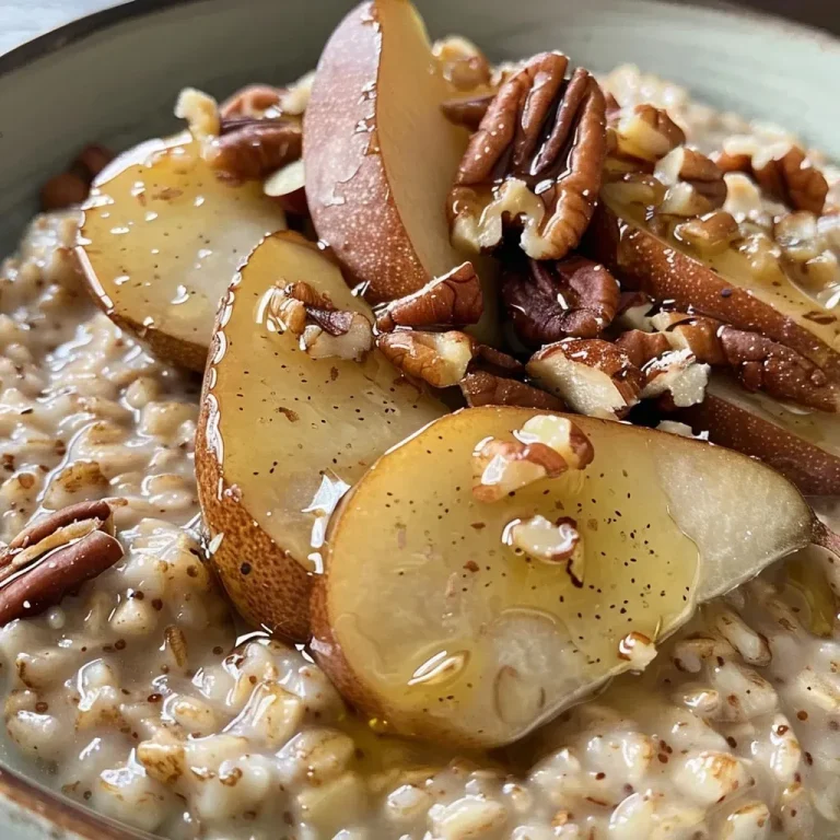 ['A close-up view of a bowl of brown sugar pear steel cut oats topped with pecans and granola.', 'A side view of creamy steel cut oats mixed with chopped Bosc pears and brown sugar, served in a bowl.', 'A detailed capture of brown sugar pear oatmeal showcasing the texture and toppings like pecans and nut butter.', 'An enticing image of steel cut oats with brown sugar and pear pieces, garnished with granola, displayed in a rustic bowl.']